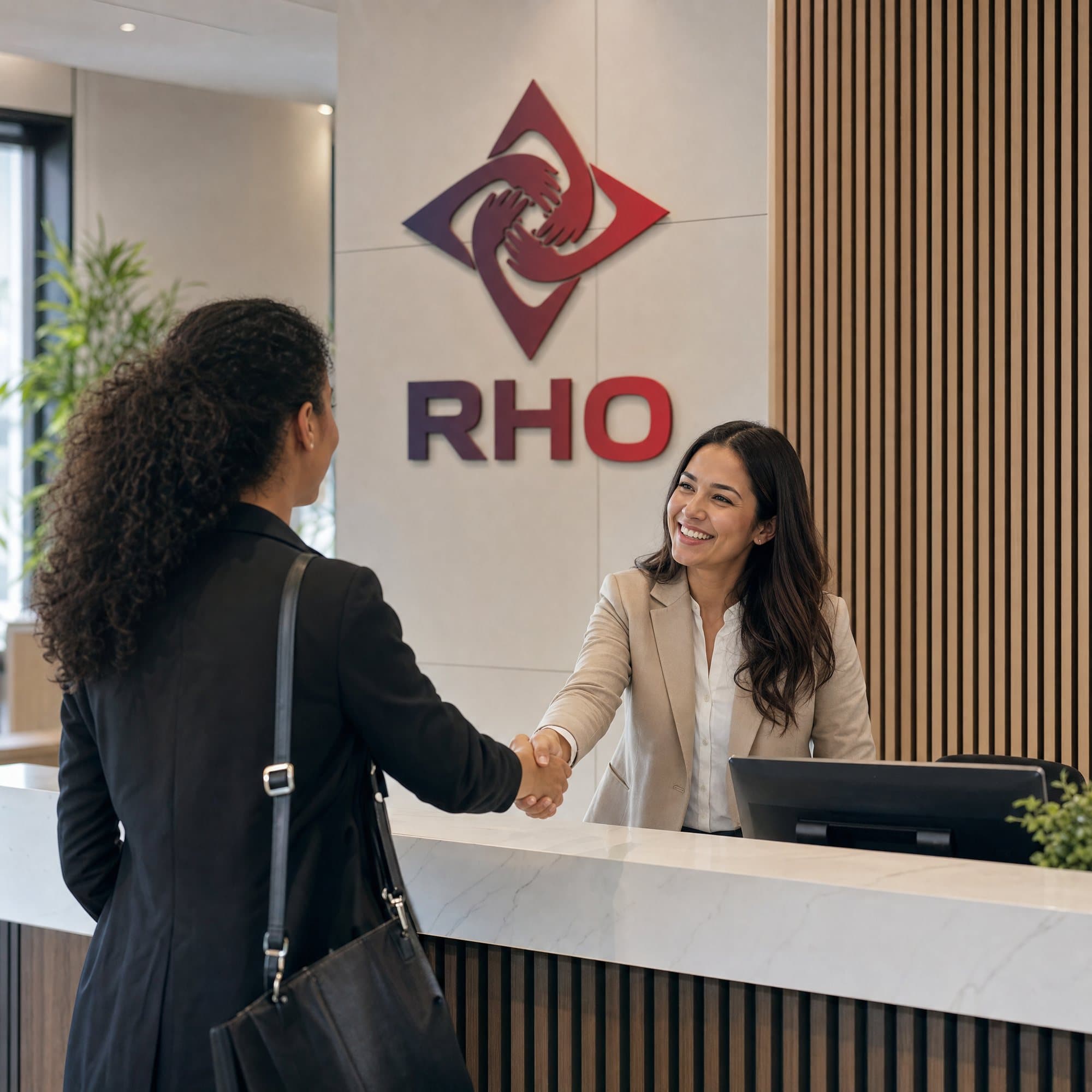 Visitor shaking hands with a smiling receptionist at an office front desk