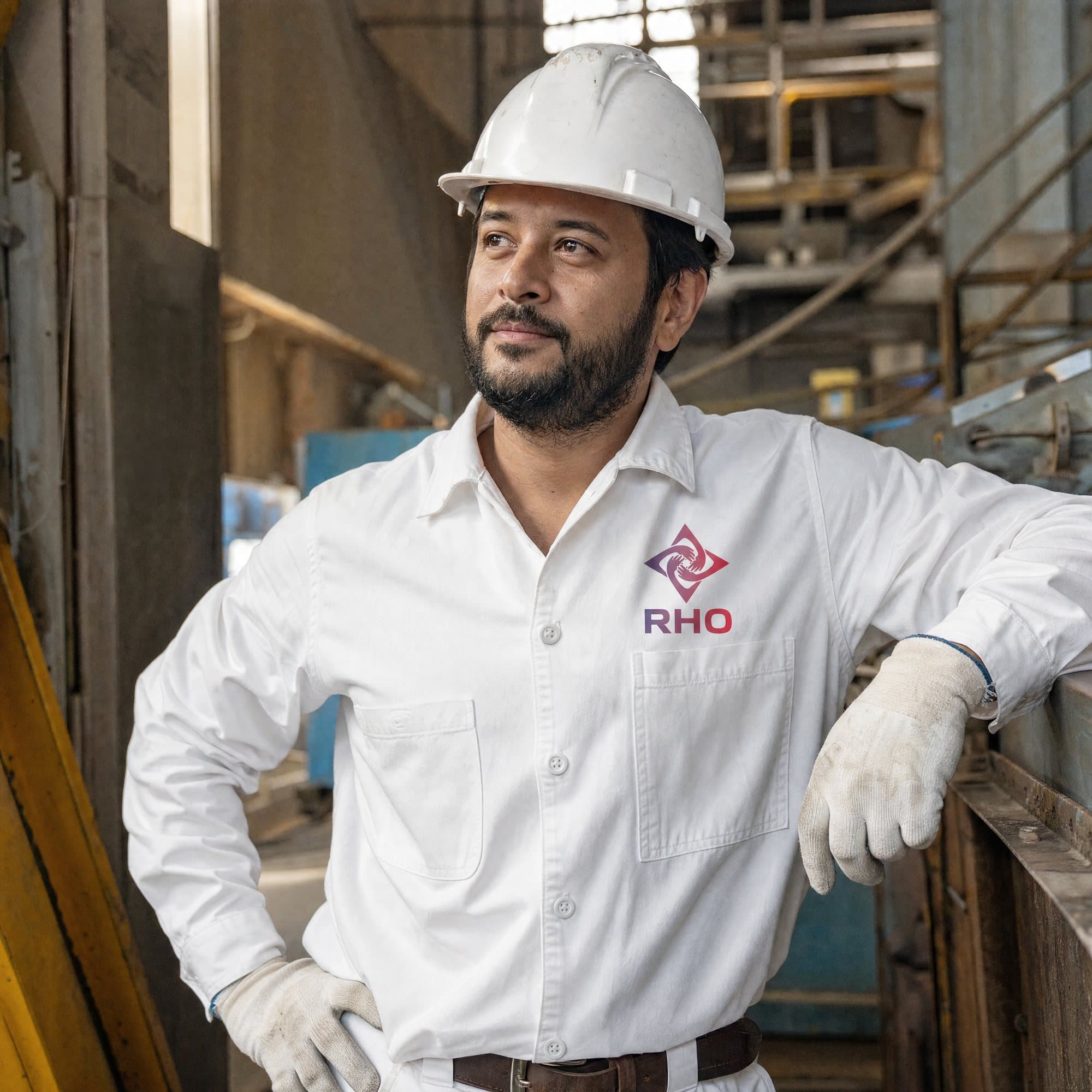 Worker in a white hard hat and work gloves leaning on a rail at an industrial site
