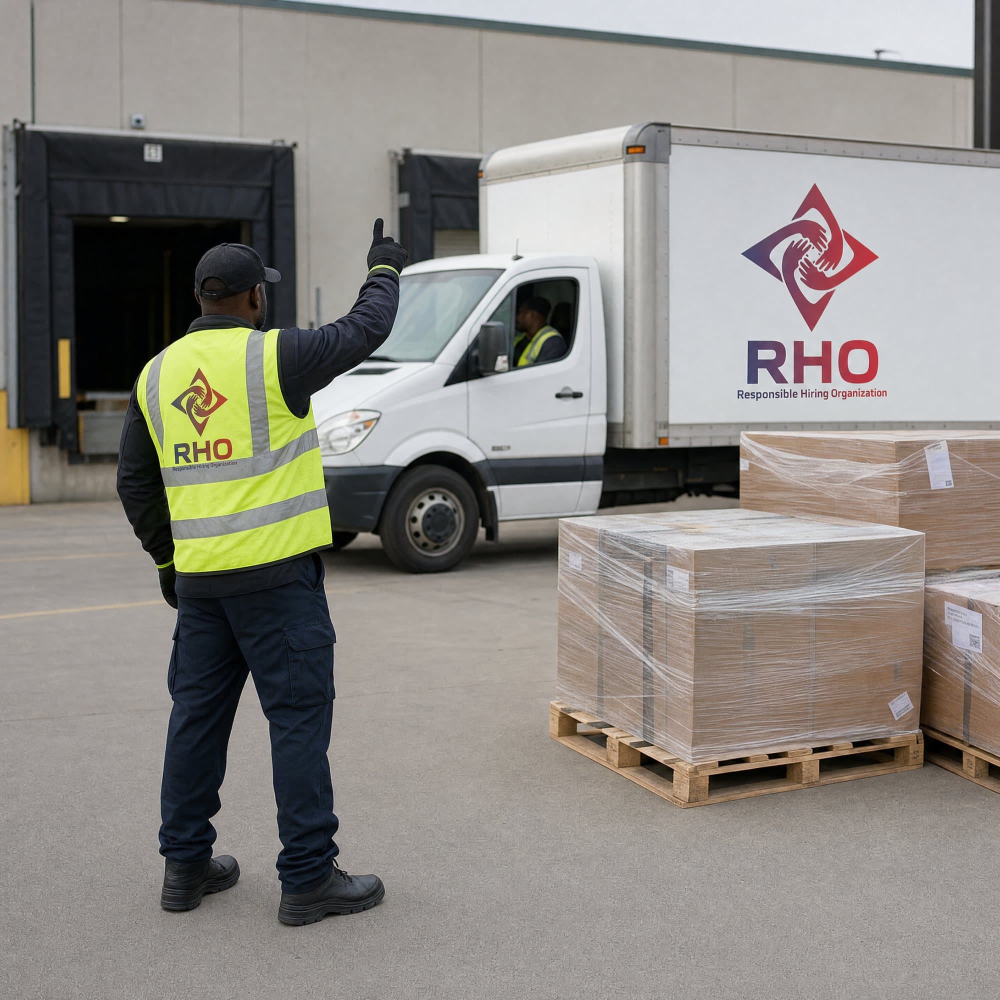 Worker in a high-visibility vest waving a box truck toward a loading dock beside wrapped pallets