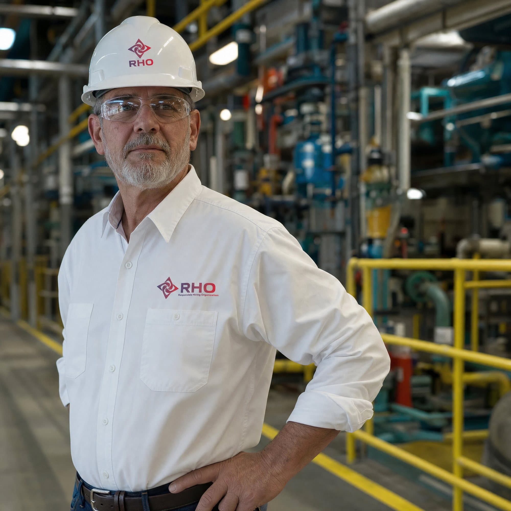 Supervisor in a white hard hat and safety glasses standing on a plant floor