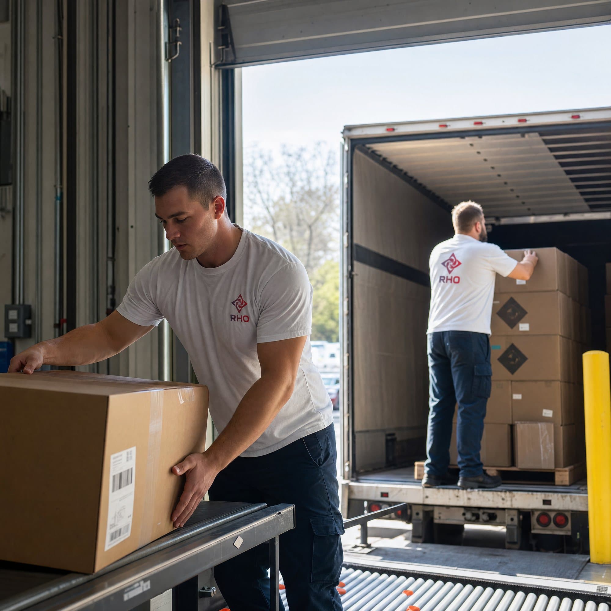 Two workers loading boxes from a roller conveyor into a trailer at a dock door